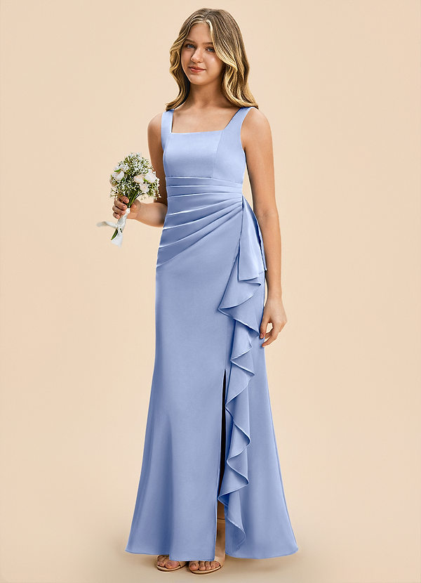 Azazie Adrienne Junior Ice Sheath Pleated Stretch Satin Dress image1