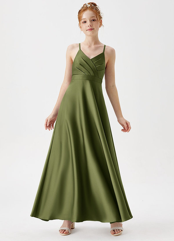 Azazie Avelina Junior Olive A-Line Pleated Stretch Satin Dress image1