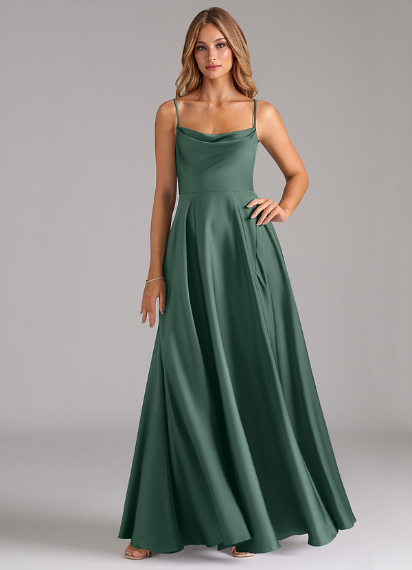 Azazie Elle Bridesmaid Dresses Eucalyptus A-Line Pleated Stretch Satin Dress image1