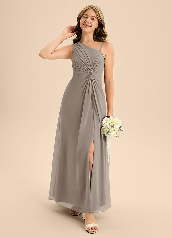 Azazie Brooke Junior Abito A-Line in Chiffon Spacco Laterale Taupe image1