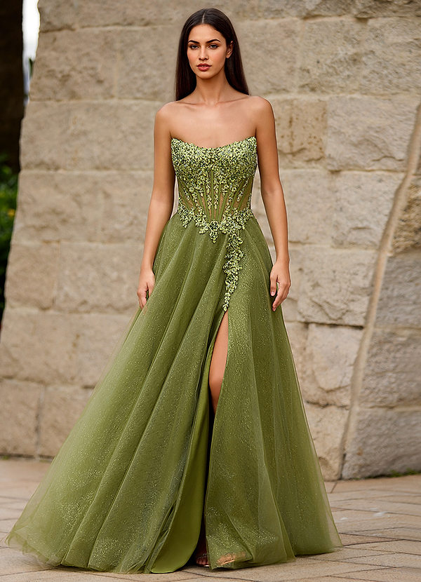 Brilliance Green A-line Glitter Tulle Prom Dress with Sequin Applique image1