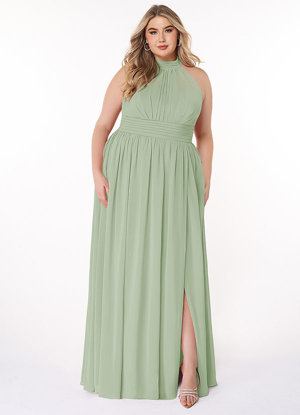 Azazie Iman Brautjungfernkleider A-Linie A-Linie Gerüscht Chiffon Kleid Staubiger Salbeigrün image1
