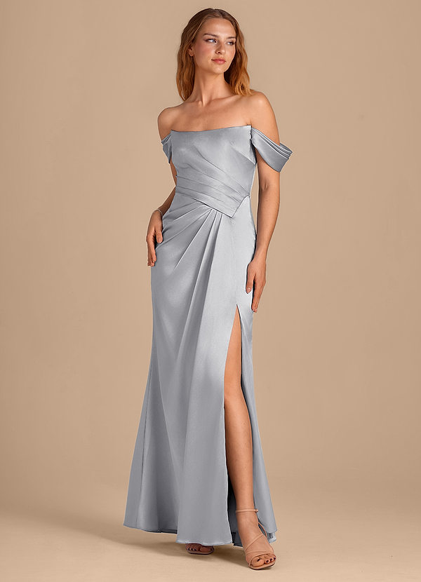 Azazie Shea Vestidos Dama de Honor Vestido de Plata de Satén Metálico de Corte Sirena Convertible con Vestidos sin tirantes image1