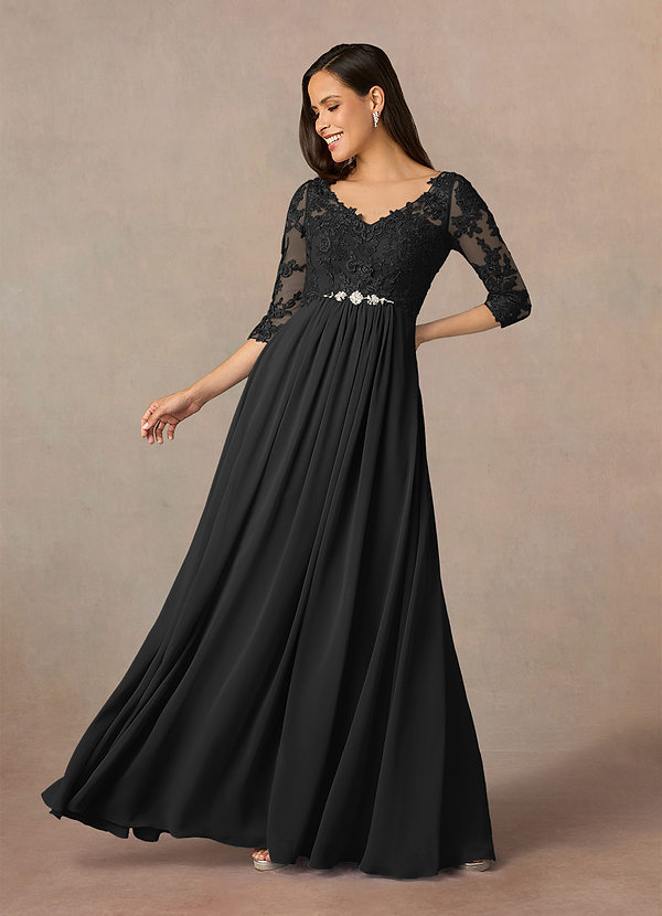 Azazie Hayek Mother of the Bride Dresses Black A-Line V-Neck Lace Chiffon Dress image1