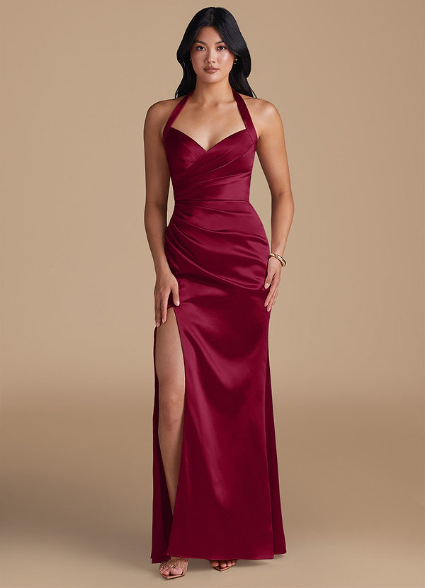 Azazie Emeria Bridesmaid Dresses Burgundy Sheath Side Slit Metallic Satin Dress image1
