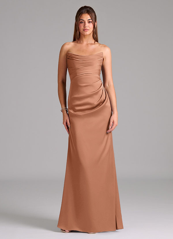 Azazie Lucille Bruidsmeisjes Jurken Converteerbaar Jurk van Stretch Satijn met Zeemeermin Strapless Bronzeertint image1