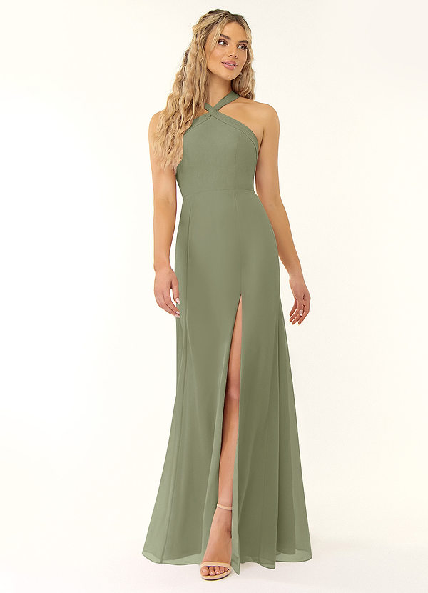 Azazie Rue Vestidos Dama de Honor Vestido de Pistacho de Gasa de Corte en A con Halter image1