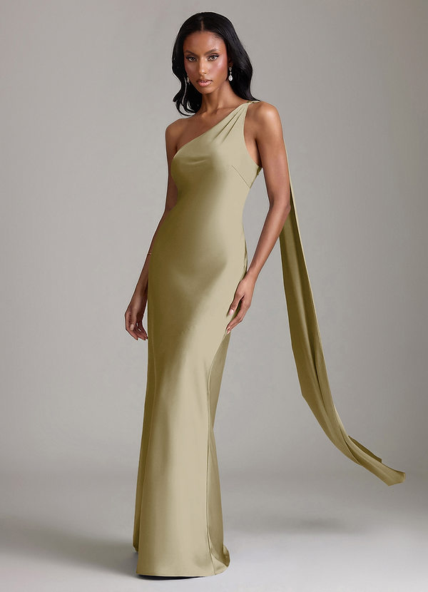 Azazie Galinda Brudtärneklänningar Klä av Sjöjungfru i Stretch Satin Ena axeln Mossgrön image1