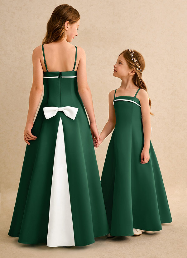 Azazie Izel Girls Formal Vestidos de Niña de Flores Vestido de Marfil Verde Oscuro de Satin Mate de Corte en A con Plisado image1