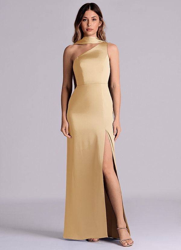 Azazie Philana Bridesmaid Dresses Gold A-Line One Shoulder Stretch Satin Dress image1