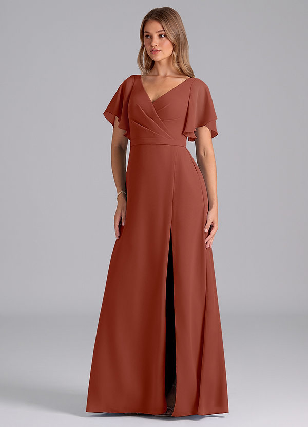 Azazie Ambrosia Bridesmaid Dresses Auburn A-Line Pleated Chiffon Dress image1