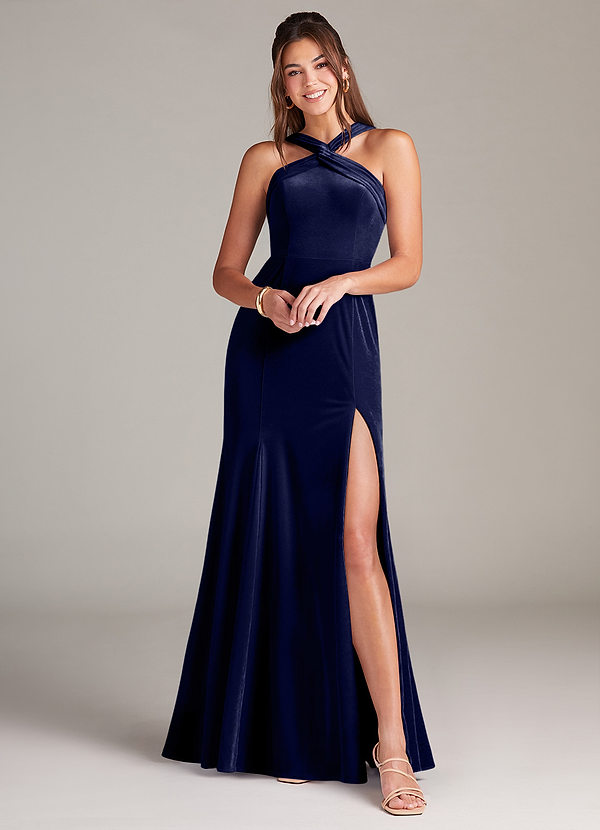 Azazie Rue Robes Demoiselle d'honneur Robe Trapèze en velours Plissée Bleu Marine Foncé image1