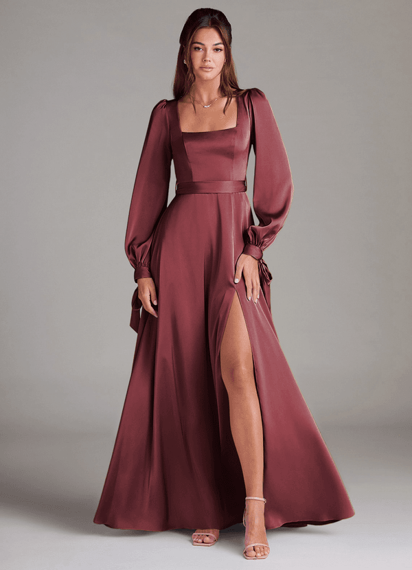 Azazie Leonia Bridesmaid Dresses Merlot A-Line Long Sleeve Stretch Satin Dress image1