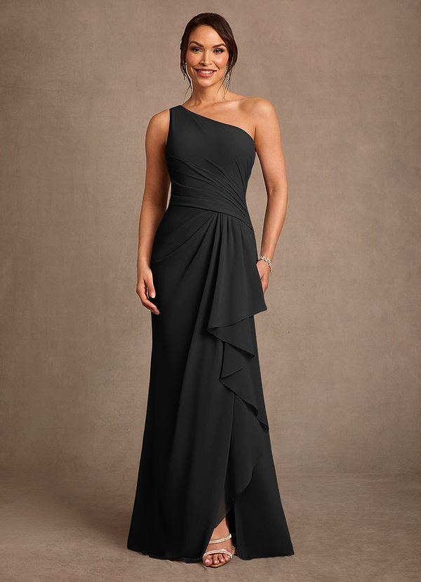 Azazie Floy Mother of the Bride Dresses Vestido Preto de Chiffon de Bainha com Um ombro image1