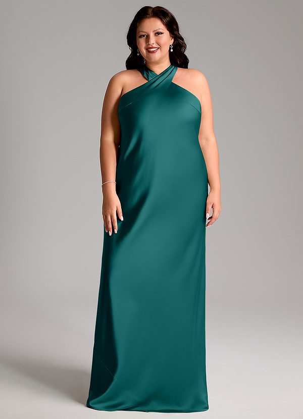 Azazie Doretta Bridesmaid Dresses Peacock Mermaid Pleated Stretch Satin Dress image1