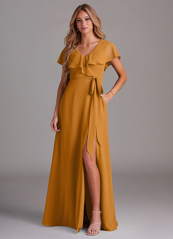 Azazie Lainey Bridesmaid Dresses Butterscotch A-Line with Pockets Chiffon Dress image1