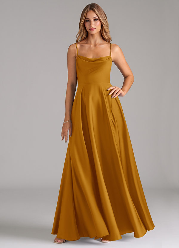 Azazie Elle Bridesmaid Dresses Butterscotch A-Line Pleated Stretch Satin Dress image1