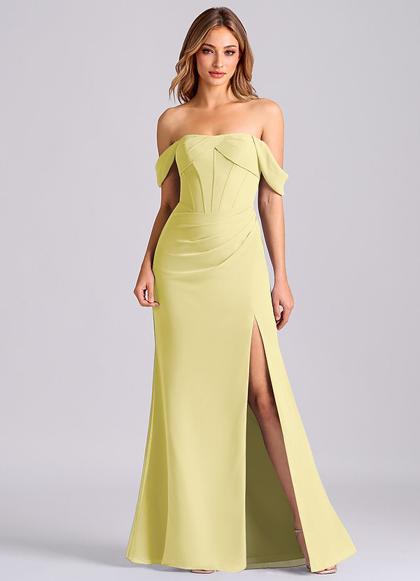 Azazie Joanne Bridesmaid Dresses Lemon Sorbet Mermaid Off the Shoulder Chiffon Dress image1
