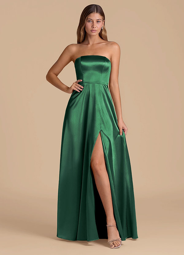 Azazie Wren 신부 들러리 드레스 A라인 스트랩리스 메탈릭 새틴 바닥 길이 드레스 image1