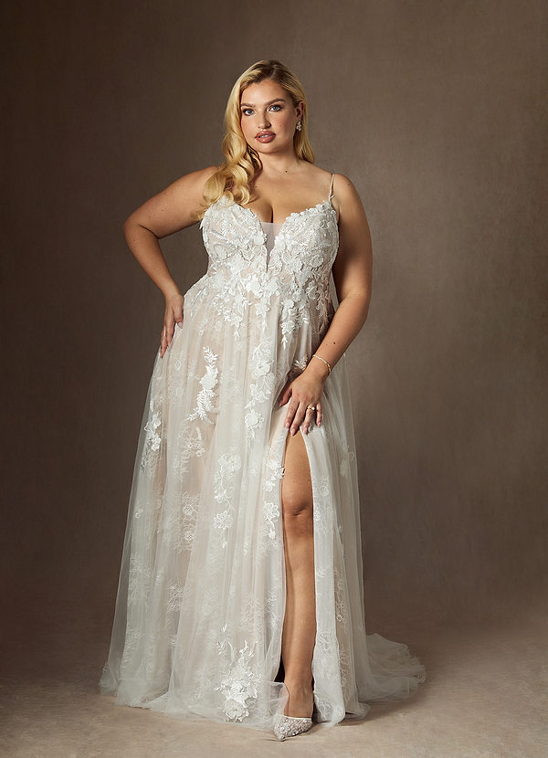 Azazie Monda Trouwjurken Jurk van Tule met A-Lijn Kant Diamant Wit Naakt image1