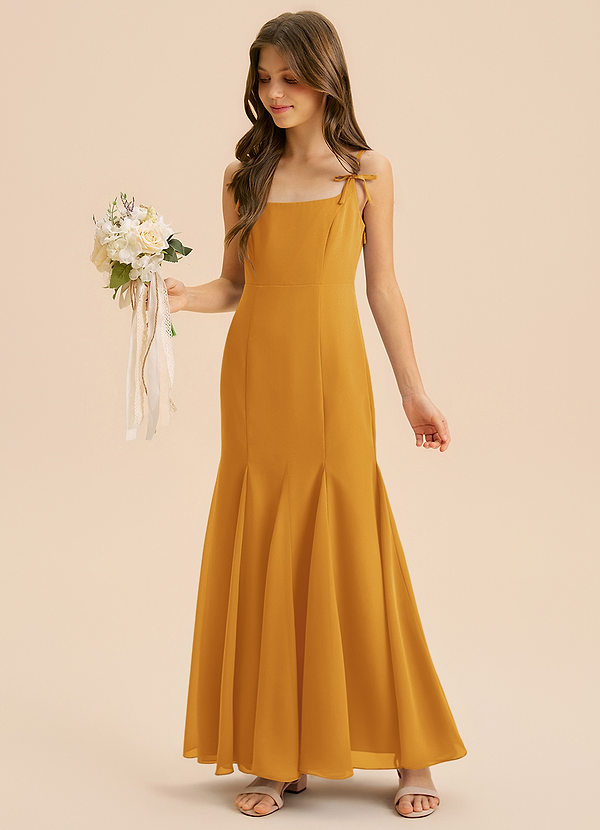 Azazie Evey Junior Abito Sirena in Chiffon Plissettato Caramello image1