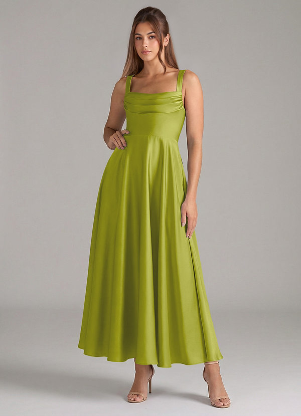 Azazie Shaude Bridesmaid Dresses Lemongrass A-Line Pleated Stretch Satin Dress image1