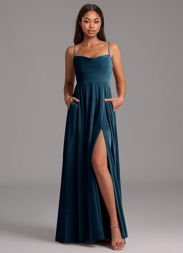 Azazie Elle Bridesmaid Dresses Blue Topaz A-Line with Pockets Velvet Dress image1