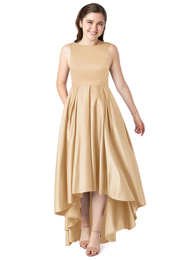 Azazie Inaya Junior Gold A-Line with Belt Stretch Satin Dress image1