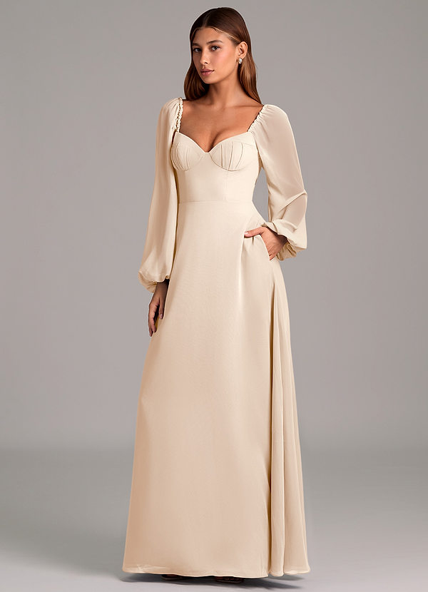 Azazie Annistyn Bruidsmeisjes Jurken Jurk van Chiffon met A-Lijn Lange mouw Wit Albast image1