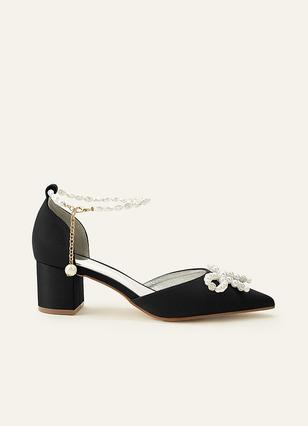 front Escarpins à bout pointu ornés de perles assorties, talons blocs en satin mat et nœud décoratif, pour mariage