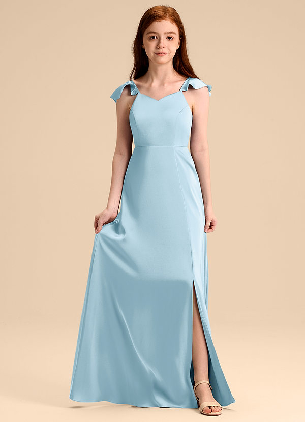 Azazie Everett Junior Vestido de Azul Cielo de Satén Elástico de Corte en A con Lazo image1