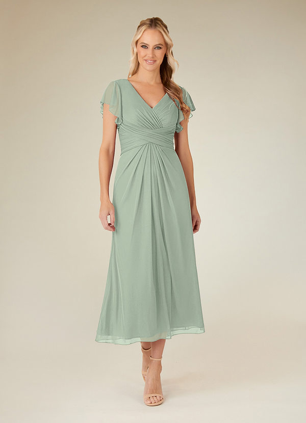 Azazie Vera Mother of the Brides Dresses Dusty Sage A-Line V-Neck Pleated Mesh Dress image1