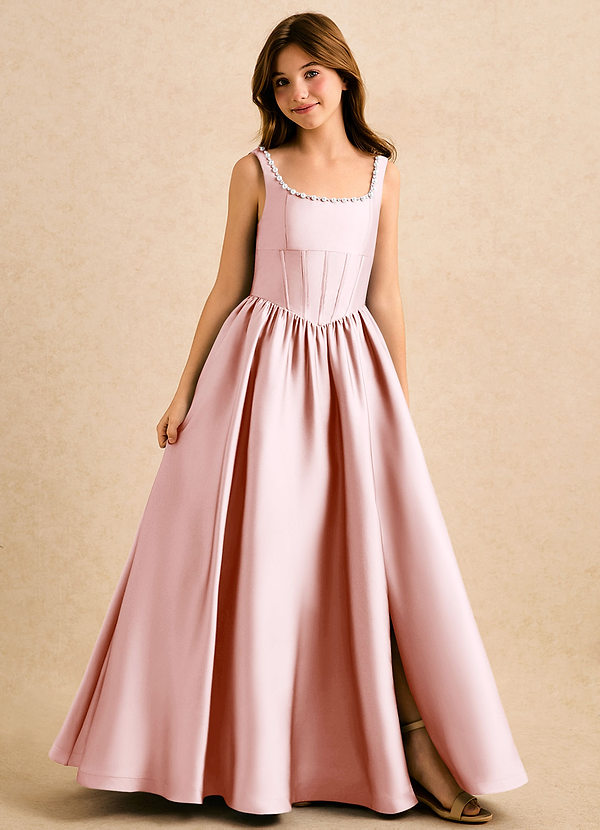 Azazie Enid Girls Formal Blomsterpigekjoler A-Line Perlebesat Stræk satin Gulv-længde Kjole image1