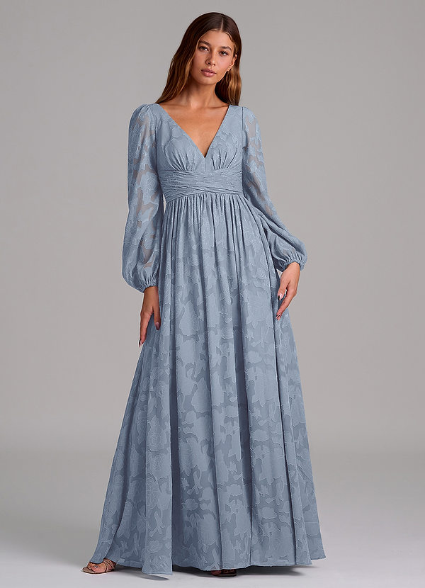 Azazie Norah 신부 들러리 드레스 A라인 긴팔 플로럴 번아웃 바닥 길이 드레스 image1