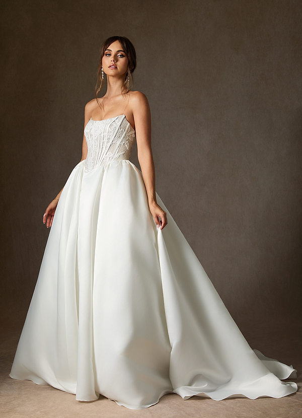 Azazie Mirabeth Brautkleider Ballkleid Schulterfrei Spitze Kleid Diamantweiß image1