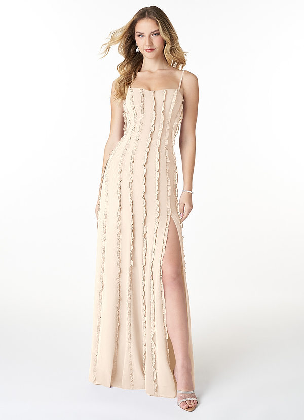 Azazie Lizz Bridesmaid Dresses A-Line Spaghetti Straps Cascading Ruffles Chiffon Floor-Length Dress image1