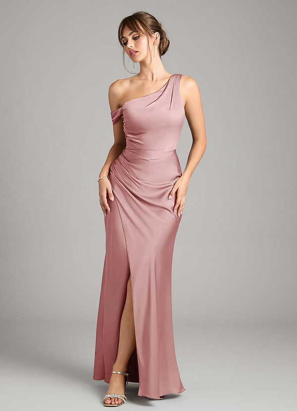 Azazie Madelyn Bridesmaid Dresses Dusty Rose Mermaid One Shoulder Stretch Satin Convertible Dress image1