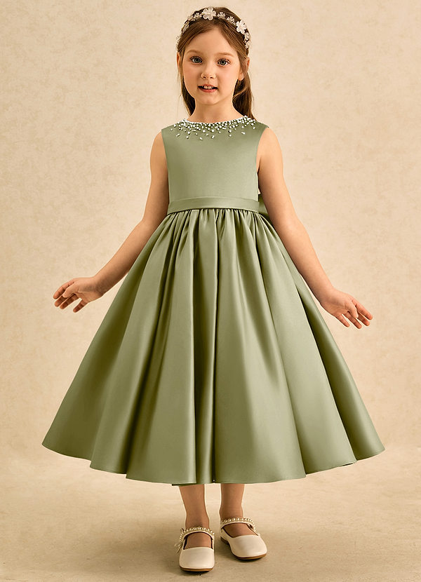 Azazie Doodle Flower Girl Dresses Moss Green Ball-Gown Bow Matte Satin Dress image1
