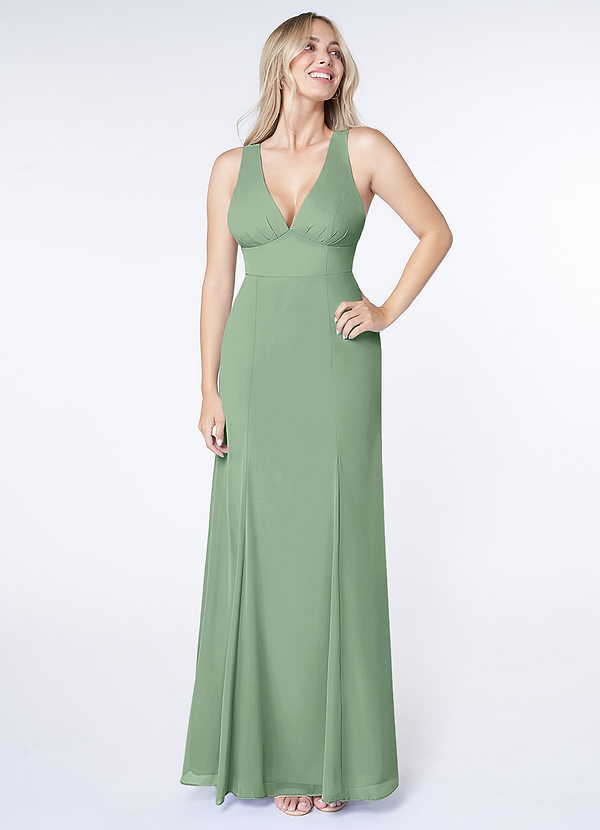 Azazie Christiana Vestidos Dama de Honor Vestido de Matcha de Gasa de Corte en A con Cuello en V plisado image1