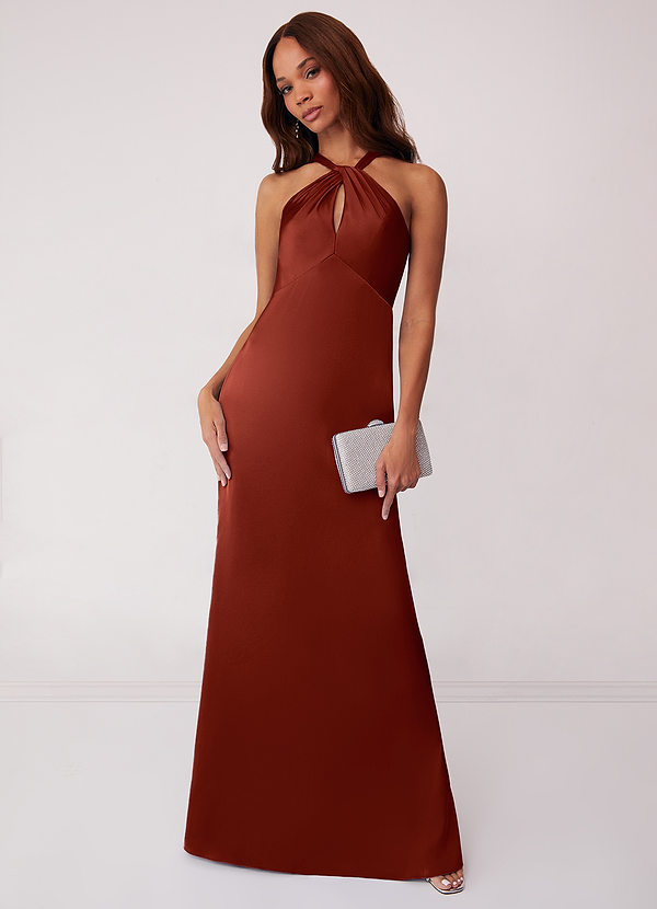 Barbie ♥ Azazie Robes Demoiselle d'honneur Robe Fourreau en Satin extensible Terracotta image1