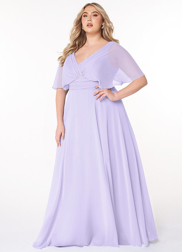 Azazie Pamela Robes Demoiselle d'honneur Robe Trapèze en Mousseline de soie Col V plissé Lilas image1