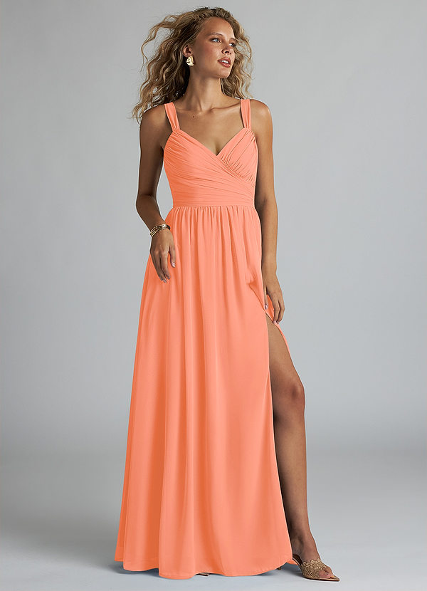 Azazie Aziza Brautjungfernkleider A-Linie V-Hals Gefaltet Chiffon Kleid Sonnenuntergang image1