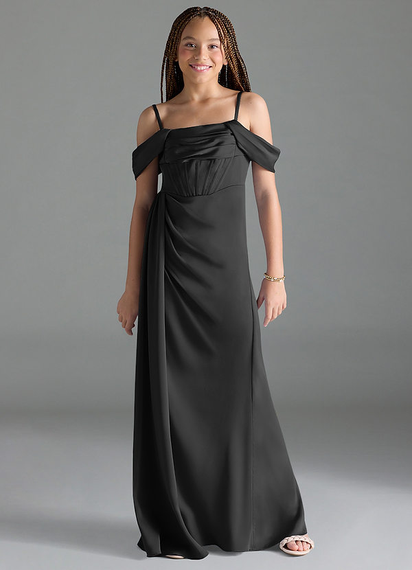 Azazie Amyra Junior Black Sheath Off the Shoulder Stretch Satin Dress image1