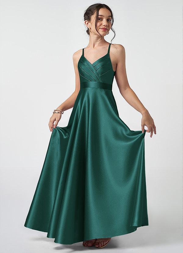 Azazie Avelina Junior Robe Trapèze en Satiné métallisé Plissée Vert Pin image1