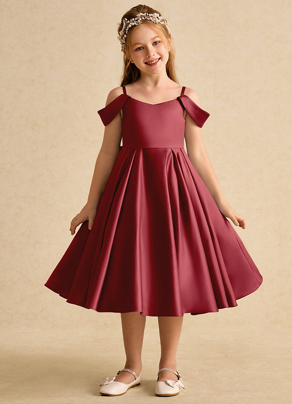 Azazie Favia Flower Girl Dresses Pomegranate A-Line Off the Shoulder Matte Satin Dress image1