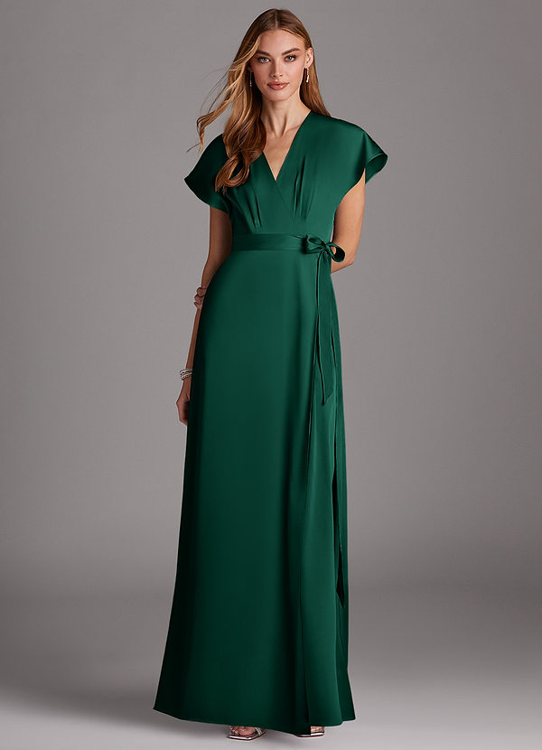 Azazie Nico Bridesmaid Dresses Emerald A-Line V-Neck Stretch Satin Dress image1