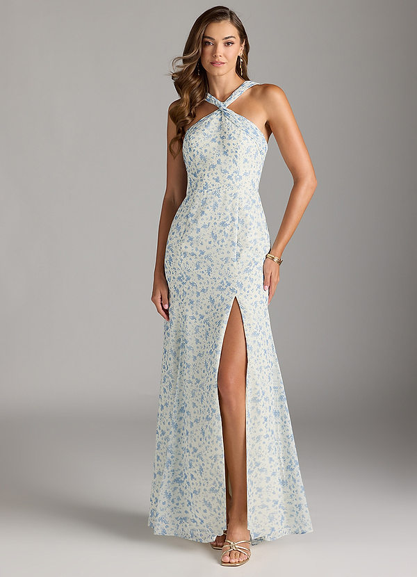 Azazie Rue Bridesmaid Dresses Blue And White Ditsy Floral A-Line Halter Chiffon Dress image1