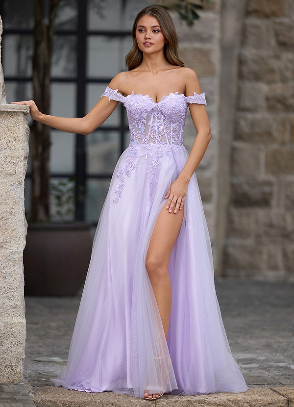 Gossamer Purple Ball Gown Off-the-Shoulder Long Tulle Prom Dress with Appliqued Sequins Petticoat image1