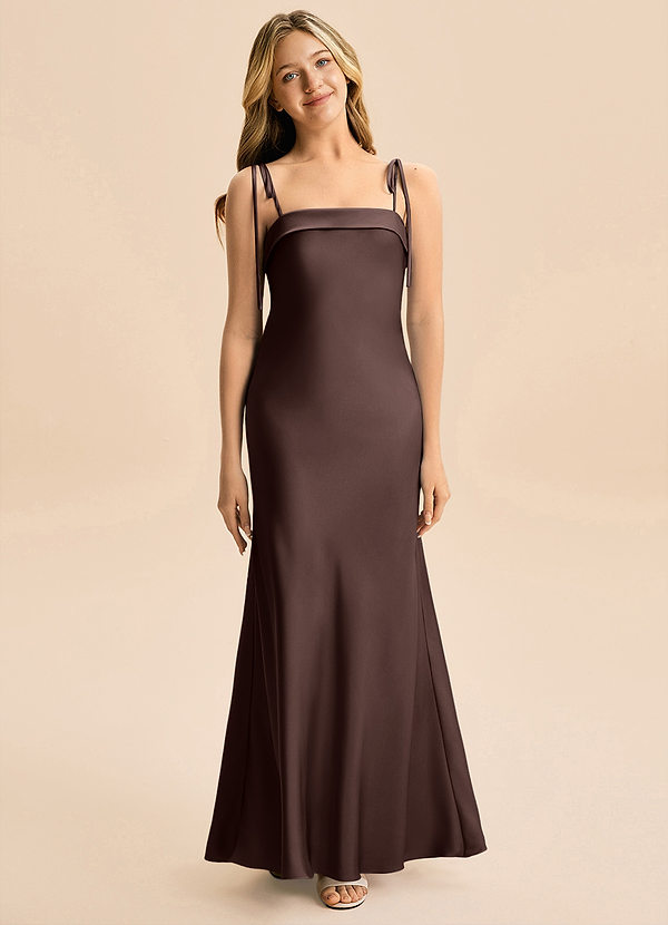 Azazie Willa Junior Ganache A-Line Bow Stretch Satin Dress image1