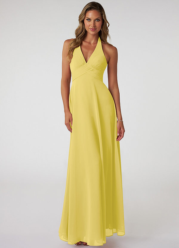 Azazie Tessie Vestidos Dama de Honor Vestido de Canario de Gasa de Corte en A con Cuello en V plisado image1